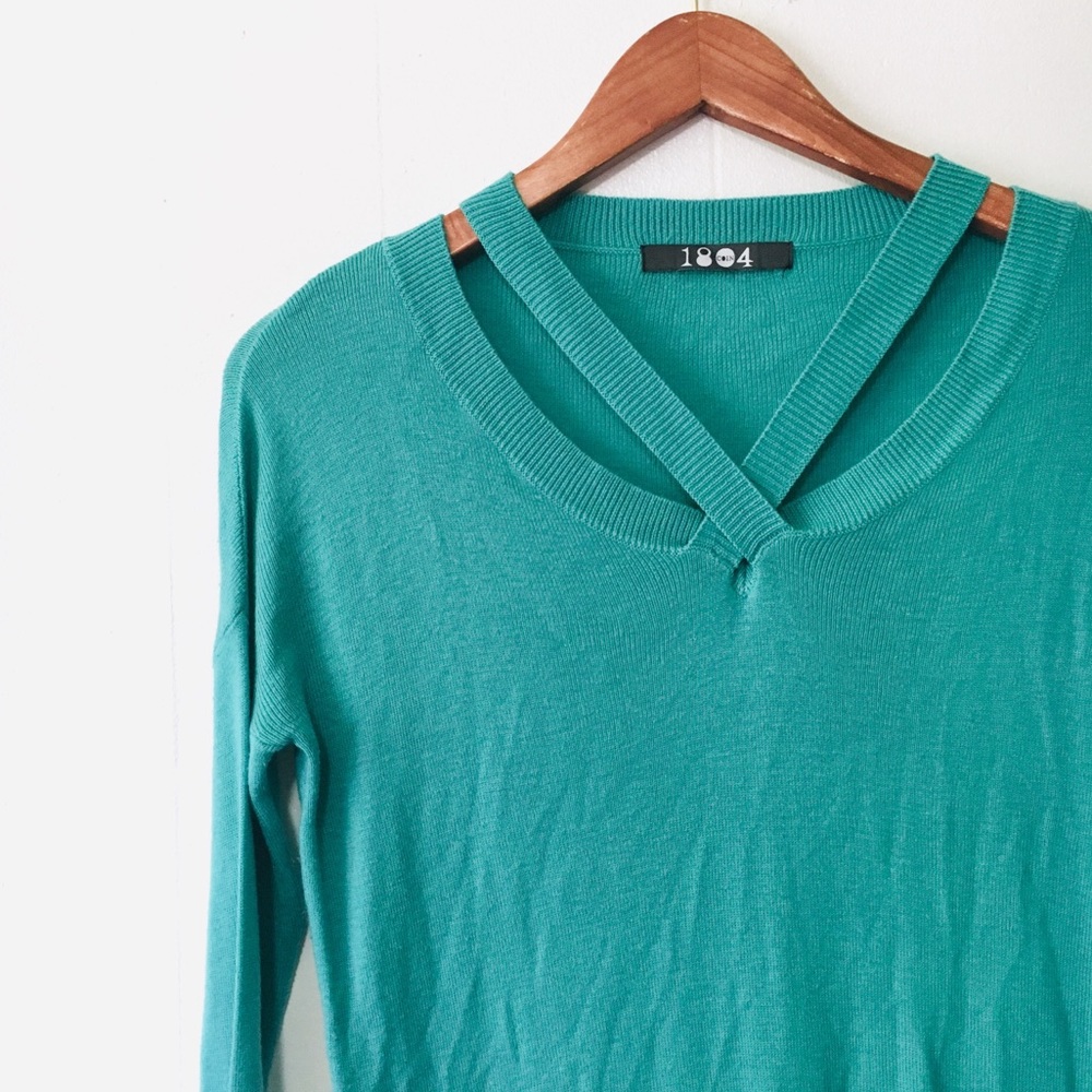 • anthro soft turquoise unique neckline sweater •